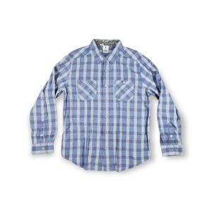 Mambo Australia Men's Large Blue Plaid With Aluminum Buttons Long Sleeve Shirt